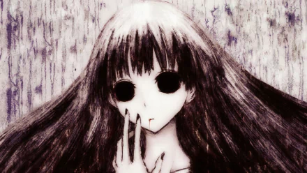 A haunting HD wallpaper featuring Sunako Kirishiki from the anime Shiki, showcasing her striking black eyes and dramatic long hair against a textured background.