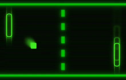Neon green pong video game tennis scene: retro paddles, glowing ball and dashed center line on black background — HD PC desktop wallpaper.