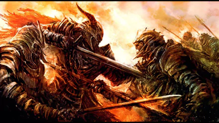 Two dark, horned armored warriors clash swords amid roaring flames — dramatic HD PC desktop wallpaper background.