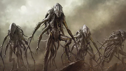 HD sci-fi desktop wallpaper depicting alien war creatures with robotic features emerging through a foggy battlefield.