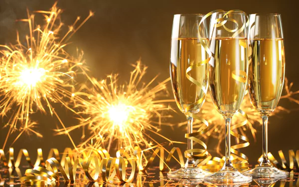 4K Ultra HD desktop wallpaper featuring three champagne glasses and sparkling holiday sparklers celebrating the New Year with golden tones and festive glow.