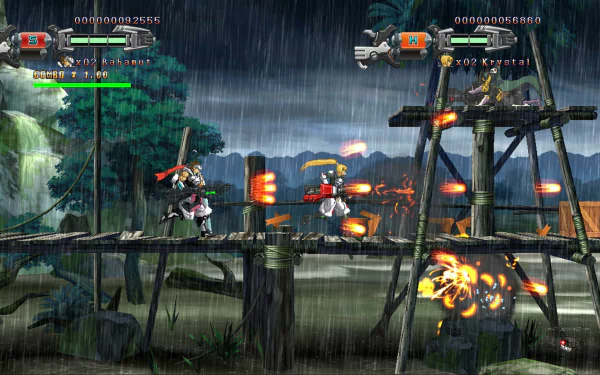HD desktop wallpaper of Hard Corps: Uprising with characters in battle on a wooden bridge, amidst a stormy backdrop.