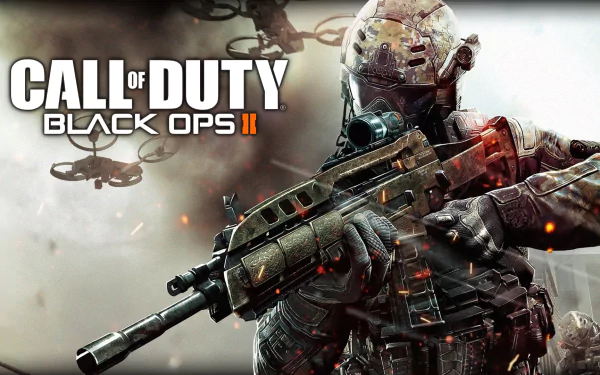HD wallpaper featuring an armed soldier from Call of Duty: Black Ops II, set against a dynamic background with drones and action elements, showcasing the intensity of the game.