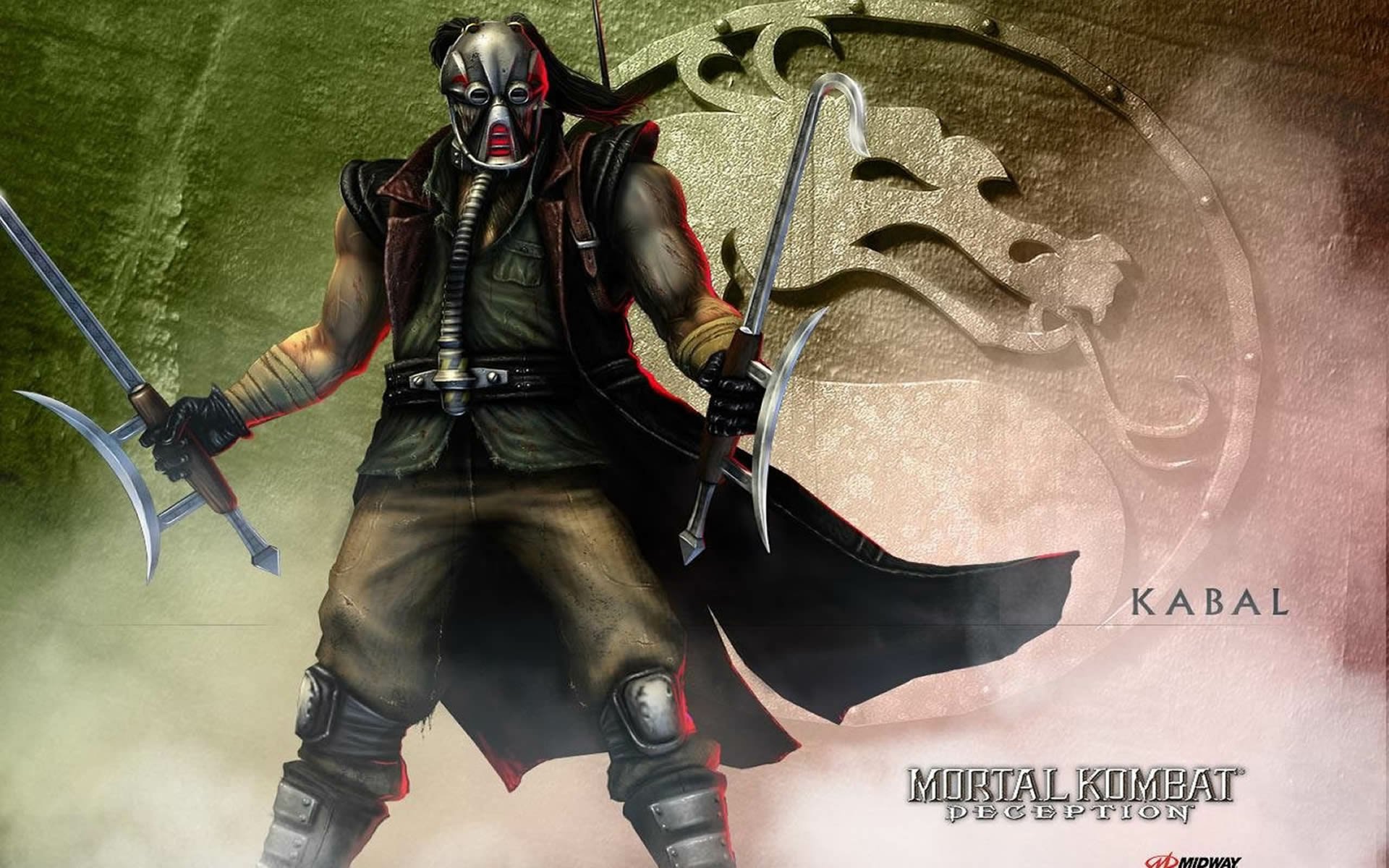 HD PC desktop wallpaper featuring Kabal, a fierce character from the Mortal Kombat video game, set against a textured background with the iconic Mortal Kombat emblem.