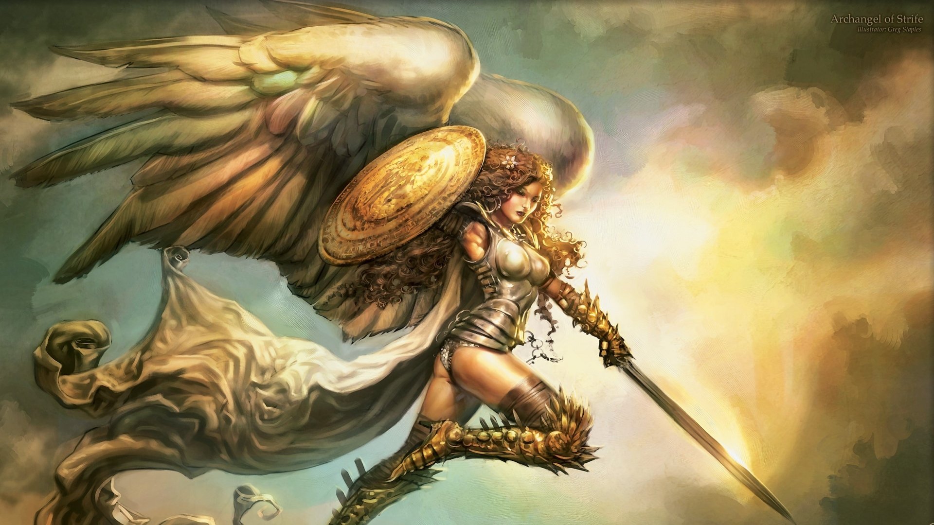 HD fantasy wallpaper of a woman warrior angel with large wings, wielding a sword and shield, soaring through a dramatic, cloudy sky.