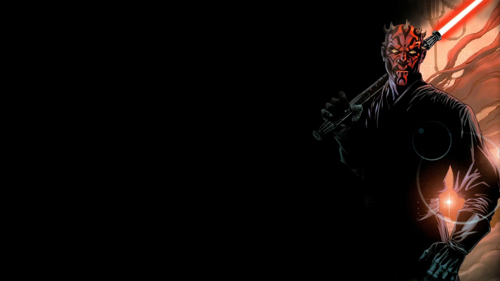 HD PC desktop wallpaper featuring Darth Maul from the Star Wars movie, holding a red double-bladed lightsaber against a dark background.