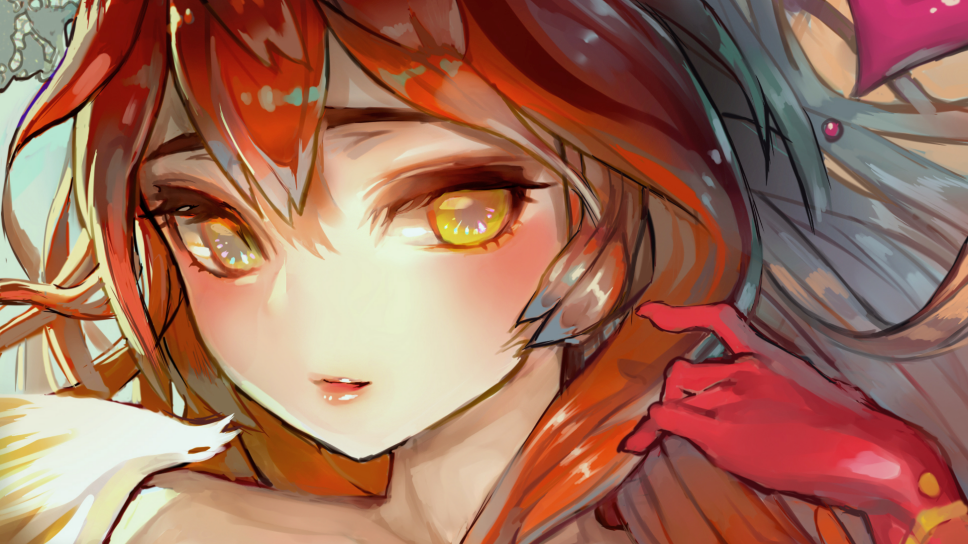 HD wallpaper featuring Ahri from League of Legends, showcasing a close-up of her face with striking yellow eyes and a red glove, capturing her enchanting beauty in a vibrant fantasy setting.