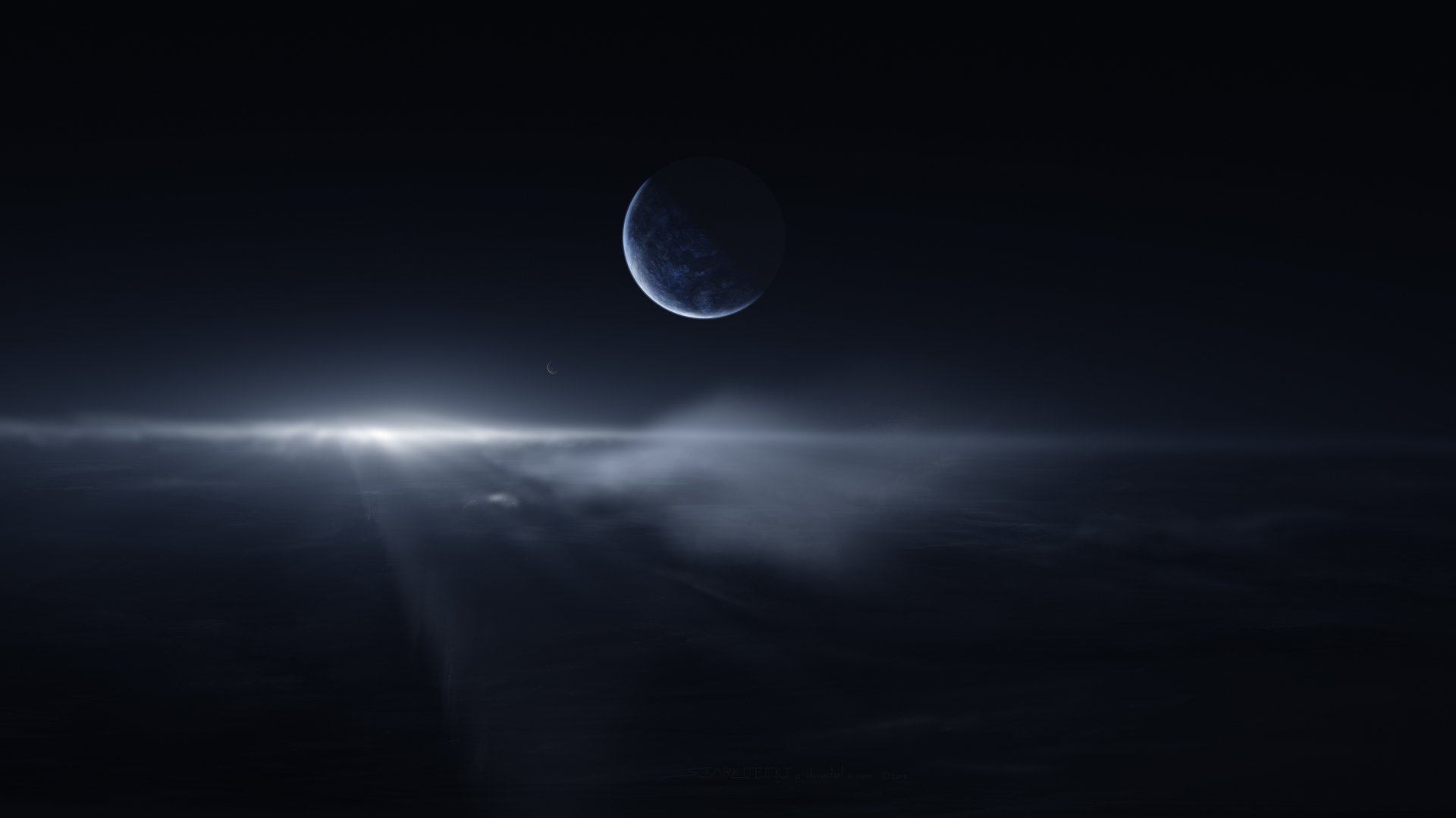 HD sci-fi desktop wallpaper featuring a serene, distant planet above misty clouds in space.