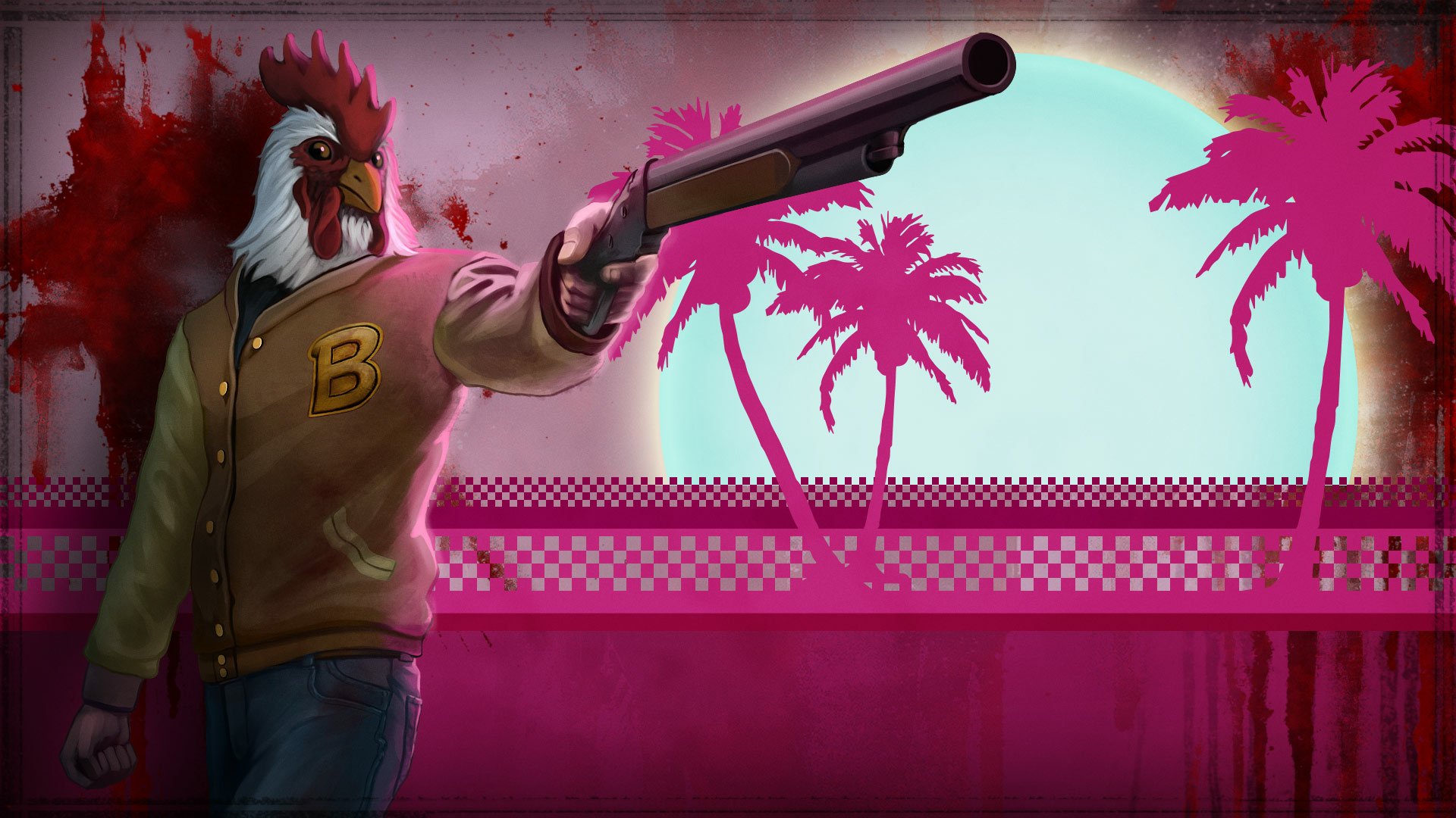HD desktop wallpaper from Hotline Miami, featuring a character with a rooster mask pointing a shotgun against a pink, palm-tree backdrop.