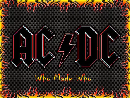HD PC desktop wallpaper featuring the AC/DC logo and the Who Made Who album title with a fiery border and textured black background.