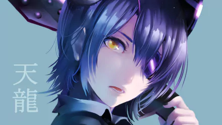 HD desktop wallpaper featuring Tenryuu from Kancolle, showcasing an anime character with an eye patch and striking blue hair, set against a soft blue background.