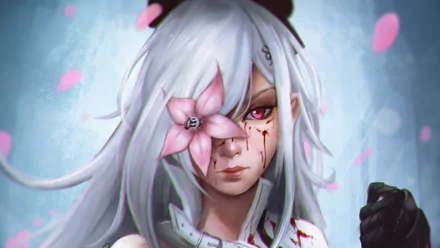 HD PC desktop wallpaper featuring a long-haired character with an eye patch, a rose flower over one eye, and blood marks, inspired by the video game Drakengard 3.
