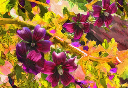 An artistic vector design featuring vibrant flower petals in shades of purple and yellow, creating a colorful and dynamic HD desktop wallpaper background.