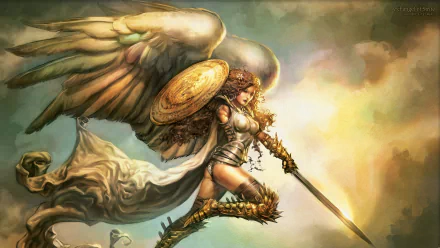 HD fantasy wallpaper of a woman warrior angel with large wings, wielding a sword and shield, soaring through a dramatic, cloudy sky.