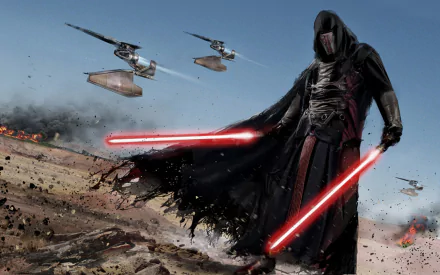 Darth Revan stands menacingly with dual red lightsabers amidst a battle scene, captured in stunning detail from the video game Star Wars: Knights Of The Old Republic. An epic HD wallpaper.
