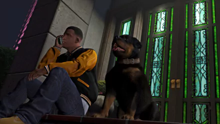 Franklin Clinton from Grand Theft Auto V sits with his Rottweiler, Chop, on a stylish doorstep, set against a vibrant background in this HD wallpaper.