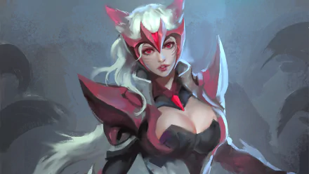 HD desktop wallpaper of Ahri from League of Legends featuring her white hair, fox tail, and red armor in a dynamic, fantasy-themed digital artwork.