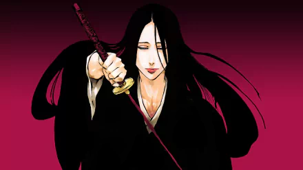 HD wallpaper featuring Unohana Retsu from the anime Bleach, showcasing her with a sword and flowing black hair against a vibrant pink background.