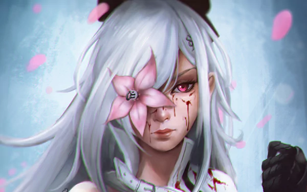 HD PC desktop wallpaper featuring a long-haired character with an eye patch, a rose flower over one eye, and blood marks, inspired by the video game Drakengard 3.
