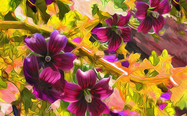 An artistic vector design featuring vibrant flower petals in shades of purple and yellow, creating a colorful and dynamic HD desktop wallpaper background.