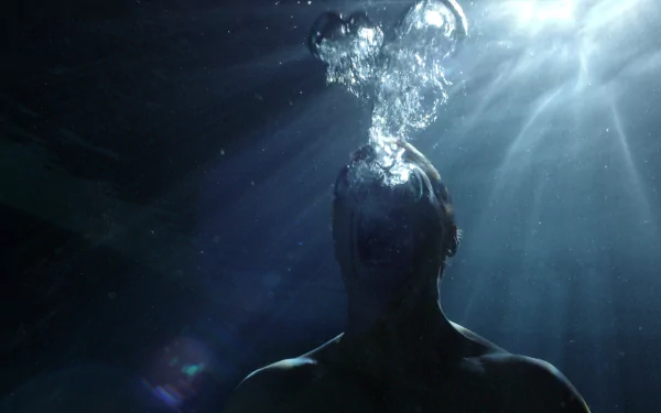 HD desktop wallpaper from the TV show The Leftovers, featuring a silhouette of a person submerged underwater with bubbles rising toward the light above.