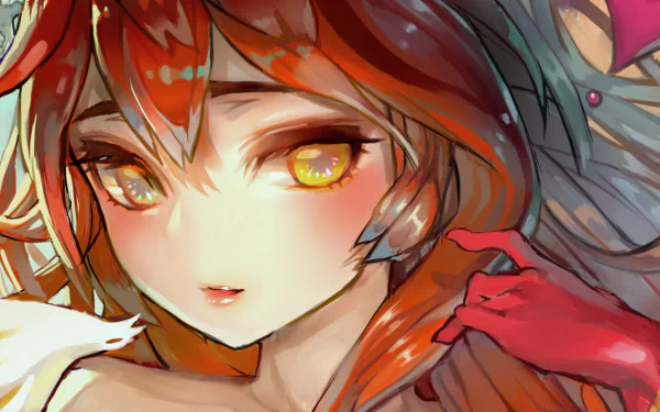 HD wallpaper featuring Ahri from League of Legends, showcasing a close-up of her face with striking yellow eyes and a red glove, capturing her enchanting beauty in a vibrant fantasy setting.