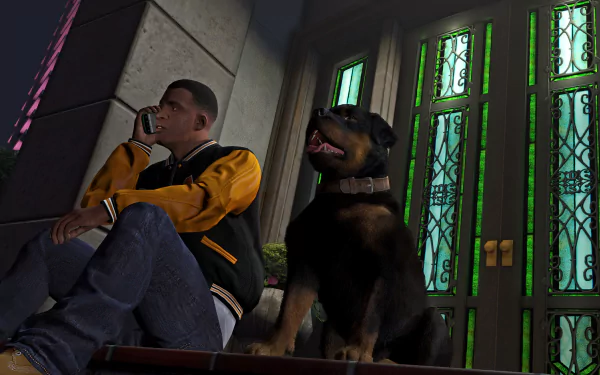 Franklin Clinton from Grand Theft Auto V sits with his Rottweiler, Chop, on a stylish doorstep, set against a vibrant background in this HD wallpaper.