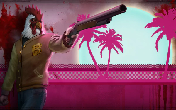 HD desktop wallpaper from Hotline Miami, featuring a character with a rooster mask pointing a shotgun against a pink, palm-tree backdrop.