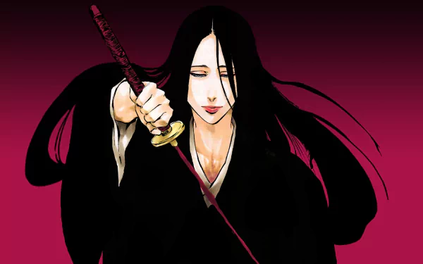 HD wallpaper featuring Unohana Retsu from the anime Bleach, showcasing her with a sword and flowing black hair against a vibrant pink background.