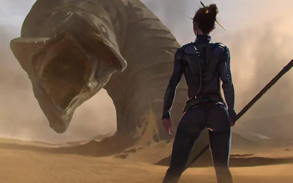 A dramatic sci-fi scene inspired by Dune, featuring a lone figure facing an enormous sandworm in a vast desert landscape. This HD wallpaper captures the essence of adventure and intrigue.
