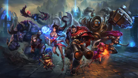A dynamic HD wallpaper featuring iconic characters from League of Legends: Nocturne, Teemo, Katarina, Graves, Ezreal, Blitzcrank, Annie, Alistar, and Ahri in an epic battle scene.