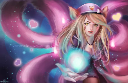 4K Ultra HD PC desktop wallpaper featuring Ahri from League of Legends, showcasing vibrant pink tails and magical energy in a dynamic video game-inspired design.
