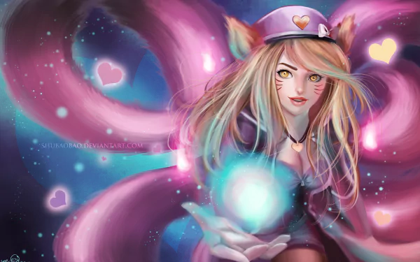 4K Ultra HD PC desktop wallpaper featuring Ahri from League of Legends, showcasing vibrant pink tails and magical energy in a dynamic video game-inspired design.