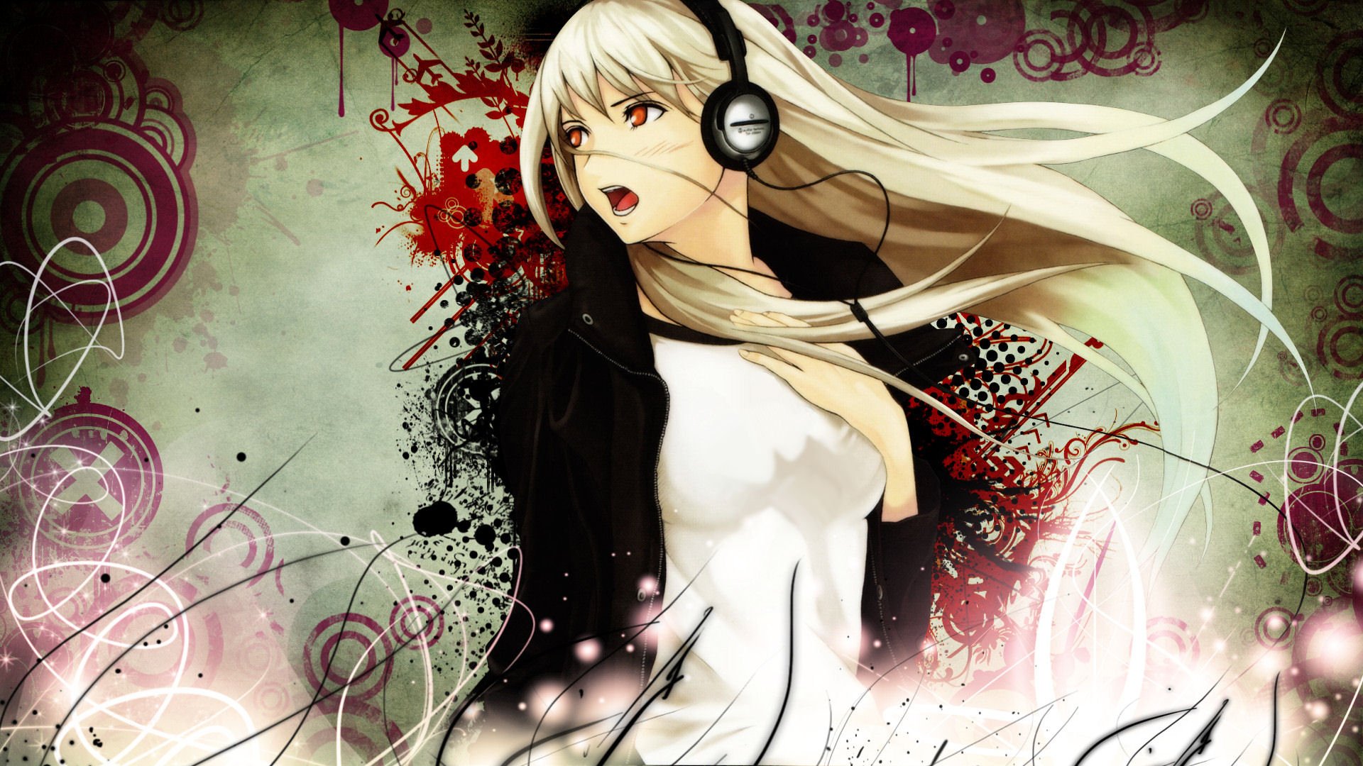 HD PC desktop wallpaper featuring anime-style character with headphones, inspired by the video game Beatmania, set against a dynamic, colorful abstract background.