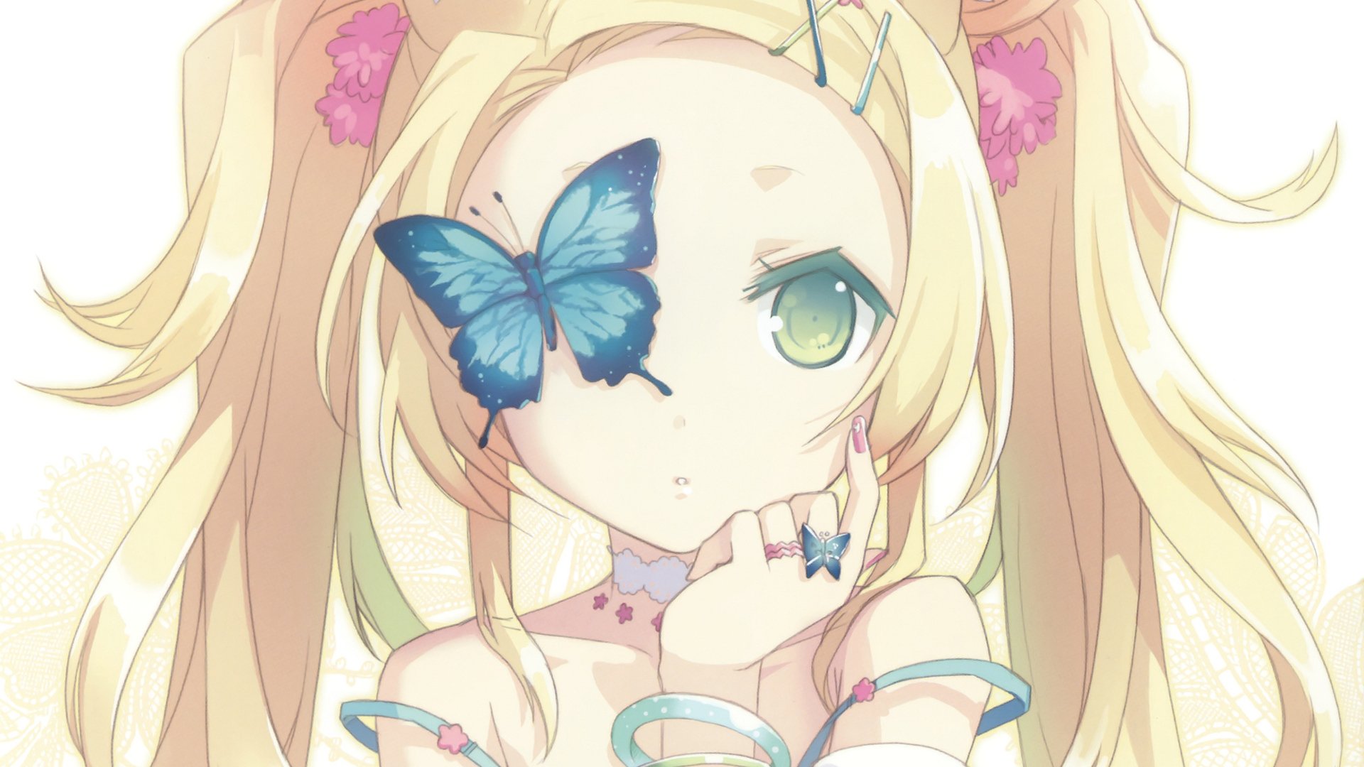 Enchanting Blonde Anime Girl with Green Eyes and Butterfly Elegance HD Wallpaper by h2so4