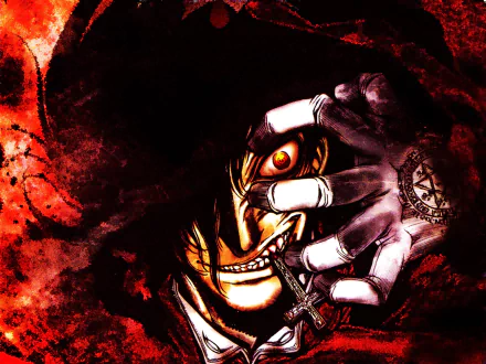 HD desktop wallpaper featuring Alucard from the anime Hellsing, showcasing a dark and intense theme with a vibrant red and black color scheme.