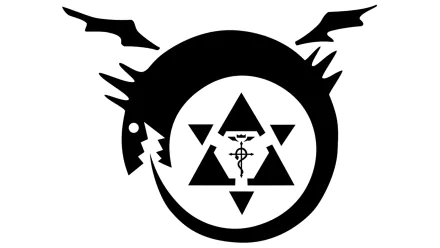 Black and white Fullmetal Alchemist anime symbol featuring a dragon encircling a geometric alchemy design, shown as an HD PC desktop wallpaper background.