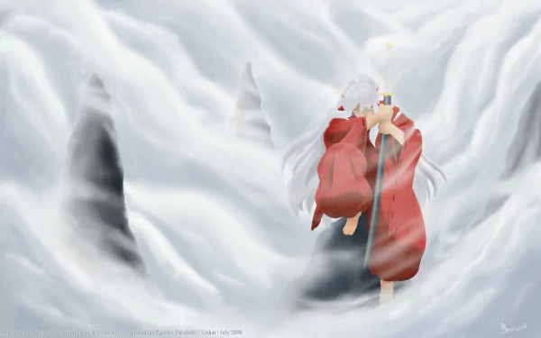 HD wallpaper featuring InuYasha, the iconic anime character, enveloped in a misty background that captures a dramatic and mystical atmosphere.