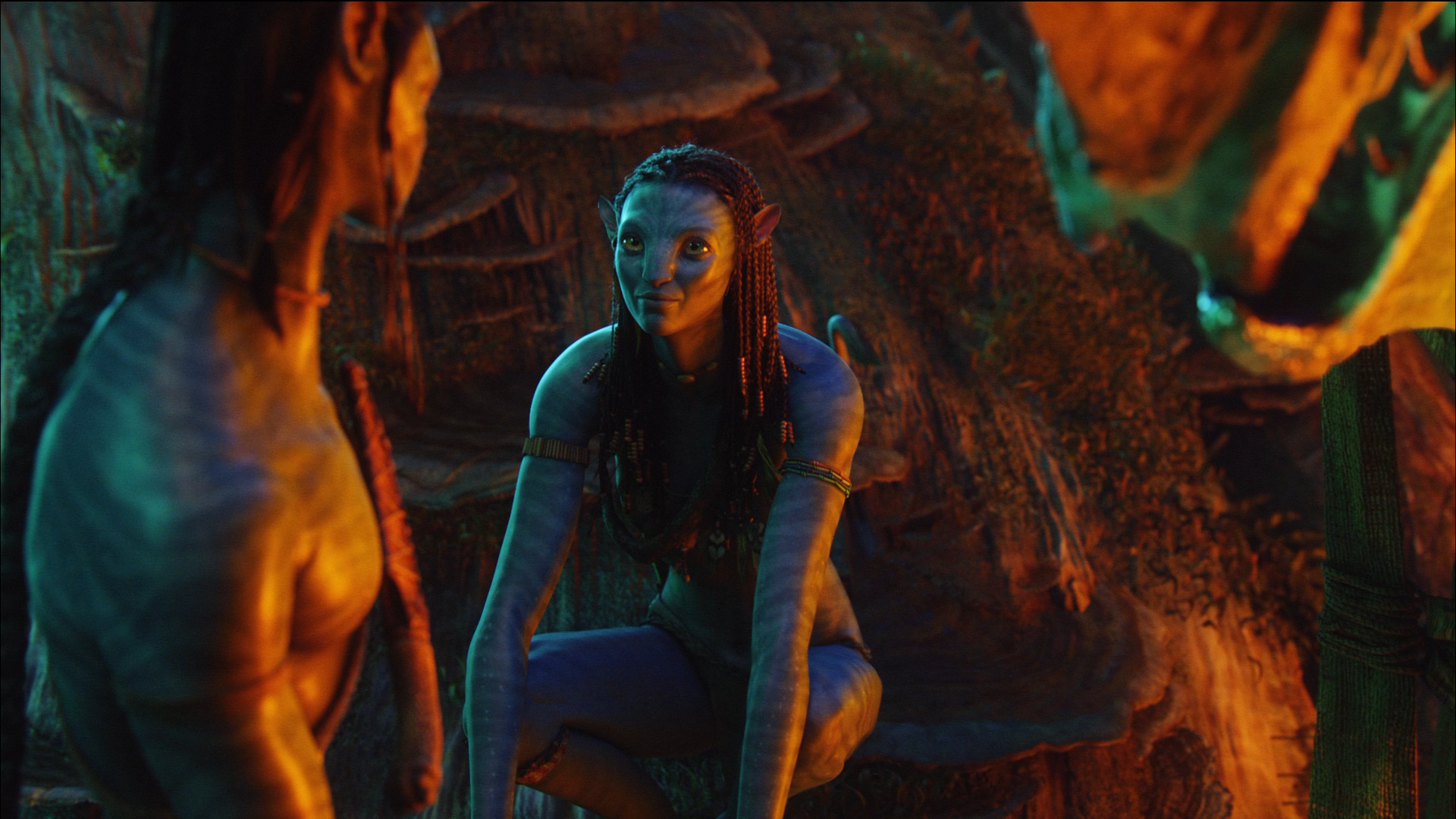 HD PC desktop wallpaper featuring a scene from the movie Avatar, showcasing two Na'vi characters in a dimly lit, natural environment.