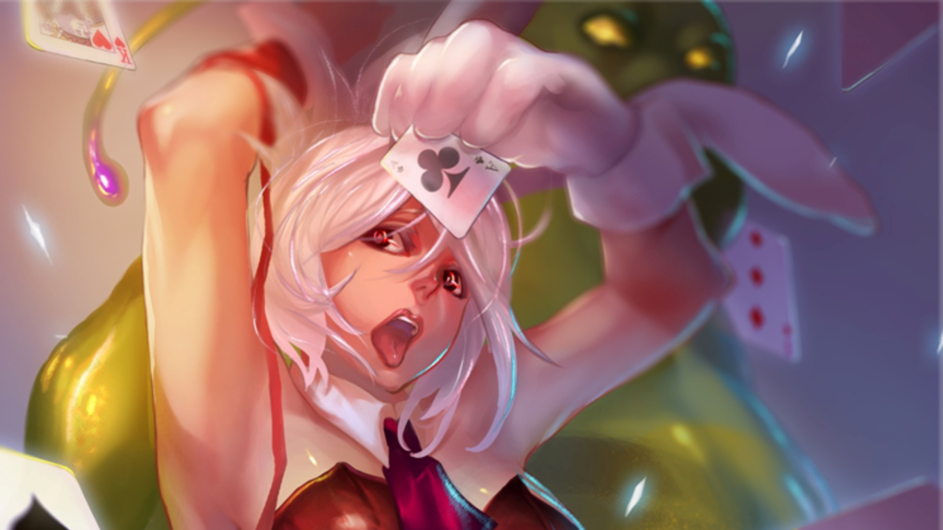 A vibrant HD wallpaper featuring Zac and Riven from League of Legends. Riven, with white hair and wearing a tie, playfully interacts with cards, set in a colorful, dynamic background.