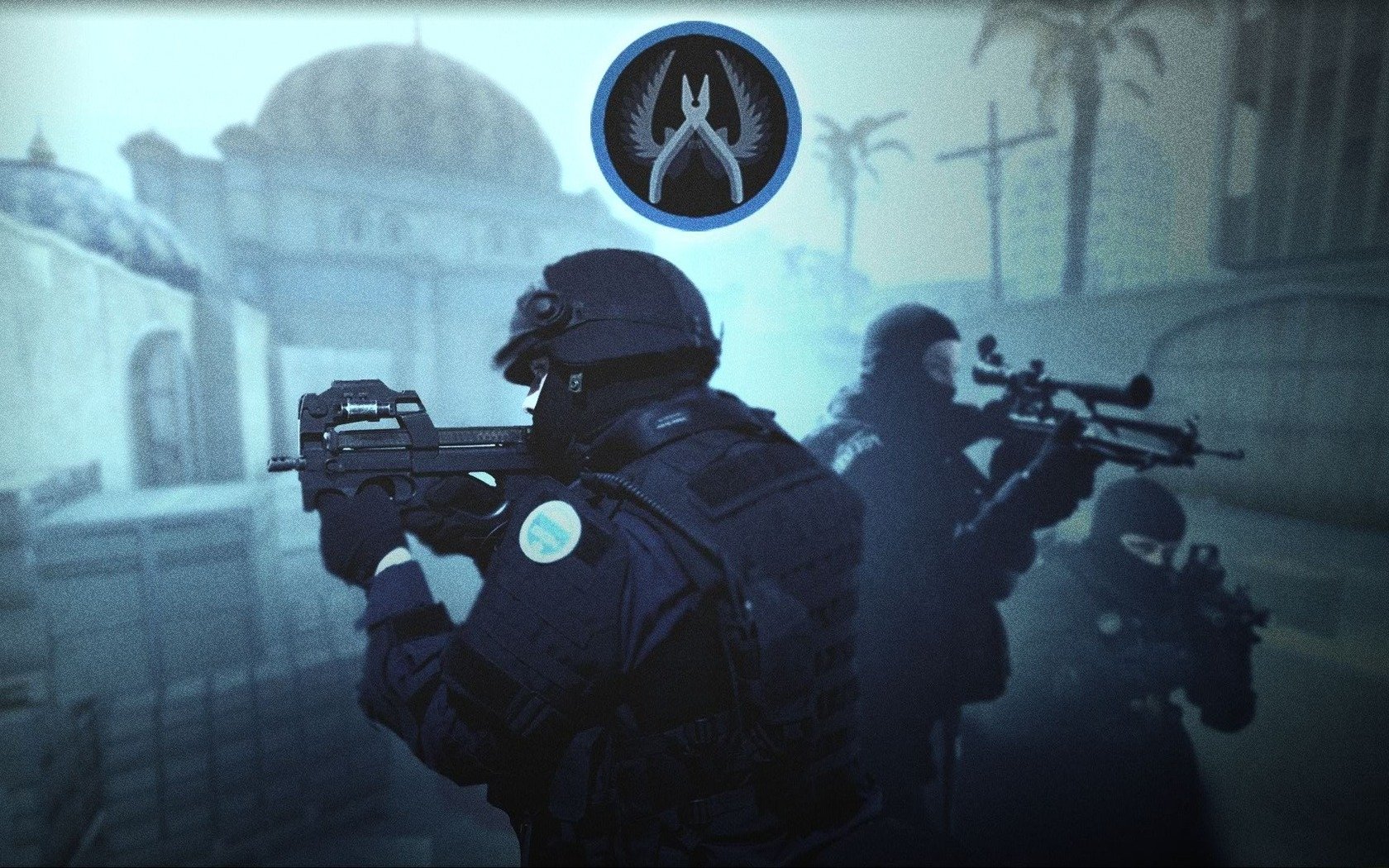 HD desktop wallpaper showcasing a tactical team from Counter-Strike: Global Offensive, set in an urban environment with the game's logo prominently displayed.