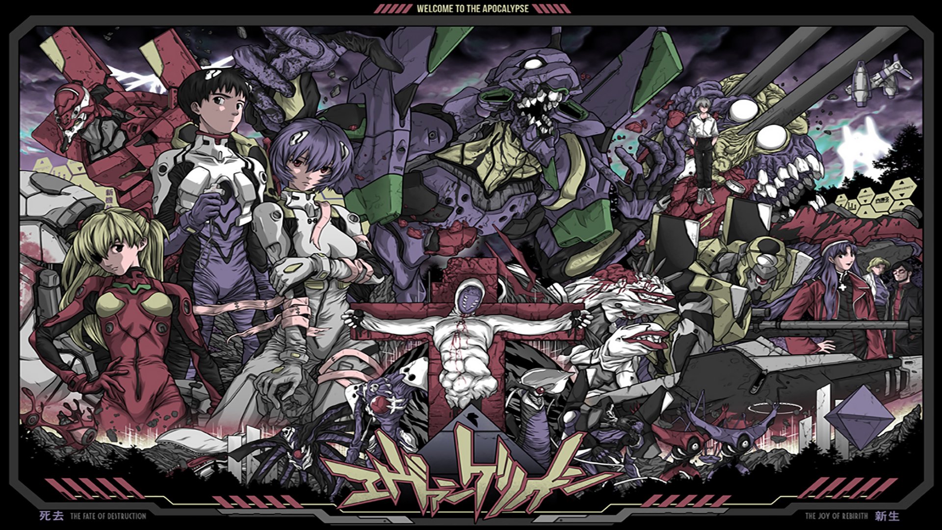 A vibrant HD wallpaper featuring characters from Neon Genesis Evangelion, including Kaworu Nagisa, Asuka Langley Sohryu, Rei Ayanami, and Shinji Ikari, amidst dynamic action scenes.