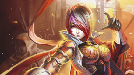 HD PC desktop wallpaper featuring Fiora from League of Legends in detailed armor, showcasing dynamic lighting and a powerful pose from the video game.
