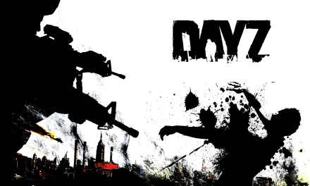 HD PC desktop wallpaper: DayZ logo with a silhouetted soldier firing at a lunging zombie over a splattered city skyline — video game art from Arma 2: DayZ Mod.