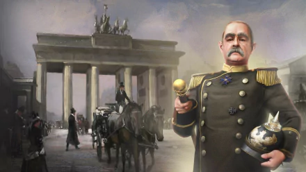 HD PC desktop wallpaper featuring a historical leader from the video game Civilization V, set against the Brandenburg Gate and a 19th-century military procession.