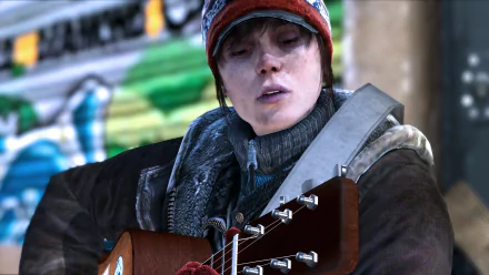 HD PC desktop wallpaper of Beyond: Two Souls — a young woman in a beanie and heavy coat strums an acoustic guitar against a graffiti-covered urban backdrop.