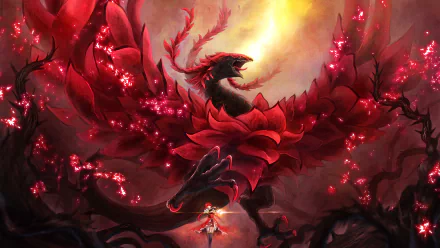 A vivid HD wallpaper featuring Akiza Izinski from Yu-Gi-Oh 5D's, surrounded by a majestic dragon and vibrant red thorns, set against a dramatic backdrop of swirling colors.