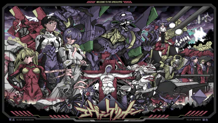 A vibrant HD wallpaper featuring characters from Neon Genesis Evangelion, including Kaworu Nagisa, Asuka Langley Sohryu, Rei Ayanami, and Shinji Ikari, amidst dynamic action scenes.