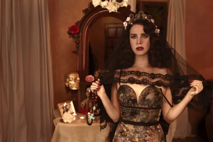 A striking HD wallpaper featuring a woman adorned with flowers and lace, exuding a vintage vibe, set against a richly decorated room. Captures the essence of Lana Del Rey's music aesthetic.