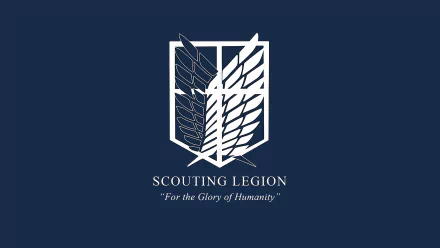 HD desktop wallpaper featuring the emblem of the Scouting Legion from Attack on Titan with the motto For the Glory of Humanity on a dark blue background.